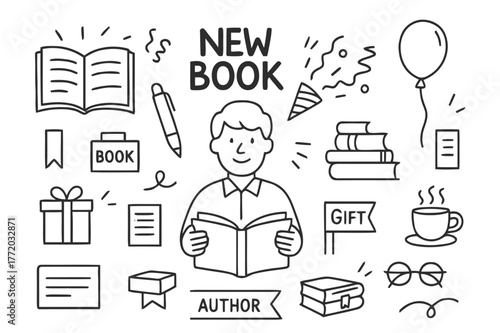 Book Launch Celebration. New book release. Hand-drawn doodle illustration open book, pen, author, confetti, bookmark, poster, balloon, stack of books, ribbon,