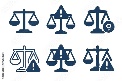 Legal Risk Logos. Legal liability risk. Set Logo of Legal liability risk: scales tipping with exclamation. harmonious logo variations of the same emblematic