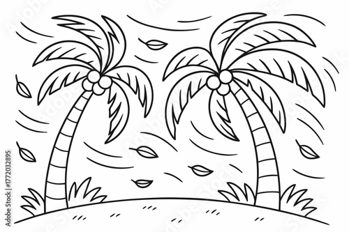 Windy Palm Coloring Page. Windy palm day children?s coloring book illustration, outlined drawing, palm trees bending gently in the breeze with curved motion