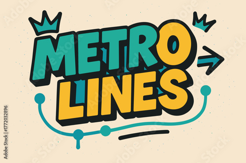 Metro Graffiti Art. Metro Lines ? Graffiti Simplified; thick bubble/block letters on a tilted baseline; flat spray fills with bold outline and a few clean