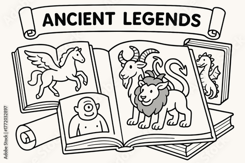 Mythical Creatures Coloring Page. Ancient legends learning page children?s coloring book illustration, outlined drawing, scrolls and books open to pictures of