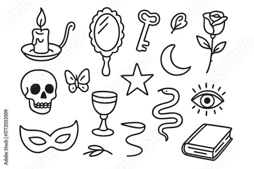 Symbolic Doodle Icons. Symbolism and imagery. Hand-drawn doodle illustration Symbolism and imagery candle, mirror, key, rose, skull, butterfly, star, moon,