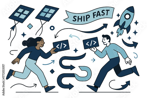 Dynamic DevOps Illustration. Agile & DevOps. Sprint boards fly like kites while characters exchange code bricks; ?Ship fast? banner ripples. Pipelines curve