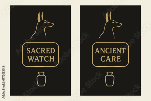 Jackal Guardians Banners. Jackal Guardian. Two vertical A6 banners with safe margins, centered composition, no elements touching edges, minimal, black and
