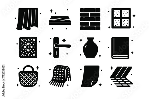 Textured Window Elements. Window Light and Textures. Solid icons set of Window Light and Textures: linen curtain, wood grain sill, brick wall, frosted glass,