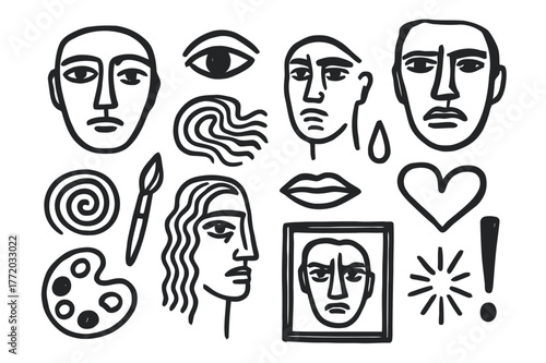Expressionist Face Outlines. Expressionist portraits. Hand-drawn doodle illustration expressionist portraits face outline, eye, brush stroke, spiral, wave,