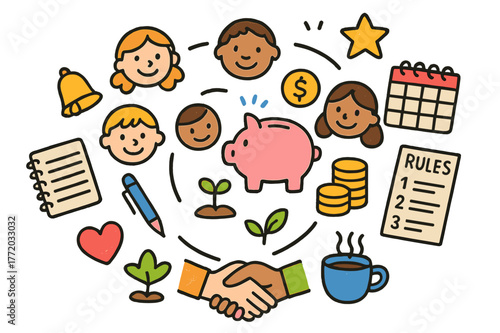 Colorful Savings Group. Savings group. Colorful Hand-drawn doodle Children illustration Savings group circle of people, money box, notebook, pen, calendar,