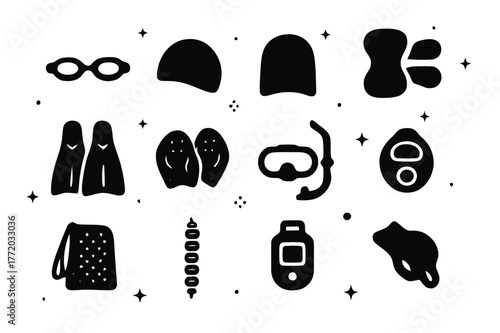 Swim Gear Icons Grid. Swim training gear. Solid icons set of Swim training gear: goggles, swim cap, kickboard, pull buoy, fins, paddles, snorkel, tempo