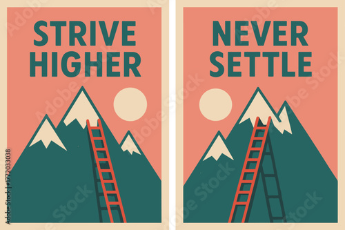 Retro Motivational Banners. Strive higher. Two vertical A6 banners with safe margins, centered composition, no elements touching edges, retro, pink and teal,