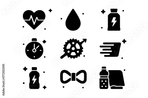 Beach Cycling Icons. Fitness cycling by the beach. Solid icons set of Fitness cycling by the beach: heart rate monitor, sweat drop, energy gel, interval timer,