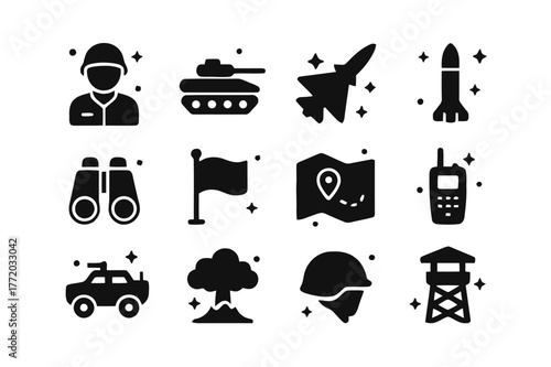 Frontline Forces Icons. Frontline Forces. Solid icons set of Frontline Forces: soldier, tank, jet, missile, binoculars, flag, map, radio, armored vehicle,