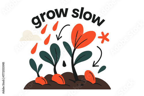 Seedlings in Rain. Seeds ? Rain Nourish. Droplets fall across sprouting soil; arcs mark hydration lines. Caption ?grow slow? curves above seedlings. Modern