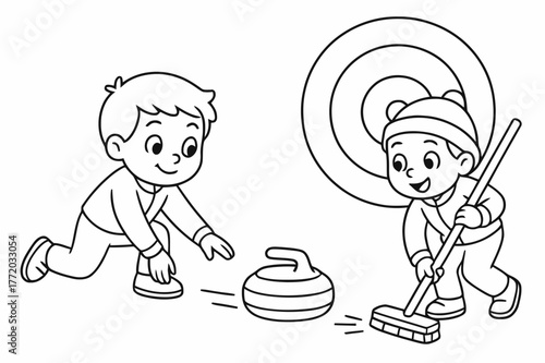 Curling Fun for Kids. Curling delivery practice children?s coloring book illustration, outlined drawing, a child sliding a curling stone while a friend guides