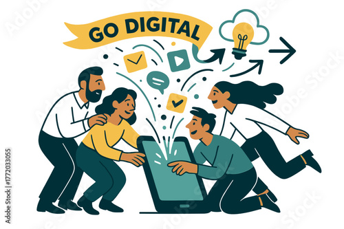 Digital Transformation Teamwork. Embracing digital transformation. Teams huddle around a giant tablet as apps swirl upward; ?Go digital? appears on a floating