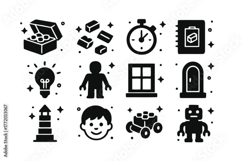 Creative Building Icons. Creative Building Time. Solid icons set of Creative Building Time: open box of bricks, scattered pieces, timer clock, sketchbook, idea