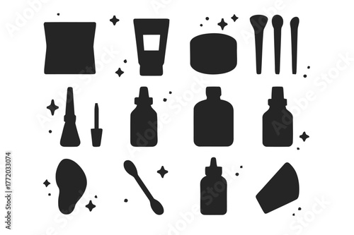Cosplay Makeup Icons. Cosplay makeup and SFX. Solid icons set of Cosplay makeup and SFX: makeup palette, foundation tube, setting powder, brush set, liquid