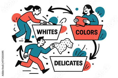 Laundry Baskets Flowchart. Organizing Laundry Baskets. Three geometric bins labeled ?Whites,? ?Colors,? and ?Delicates? form a tidy triangle. Floating arrows