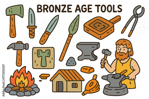 Bronze Age Tools. Bronze Age tools. Colorful Hand-drawn doodle Children illustration Bronze Age tools axe head, knife blade, spear point, hammer, tongs, mold,