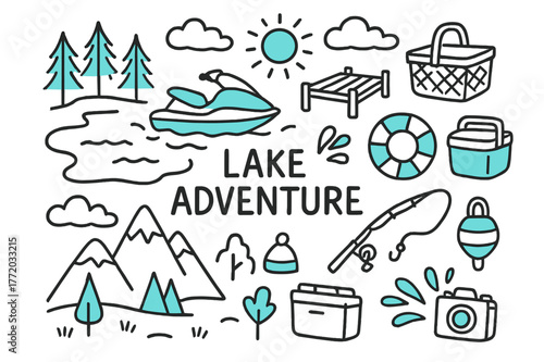 Lake Adventure Doodle. // Lake adventure. Hand-drawn doodle illustration Lake adventure [jet ski, lake outline (accented), pine trees, dock (accented), life