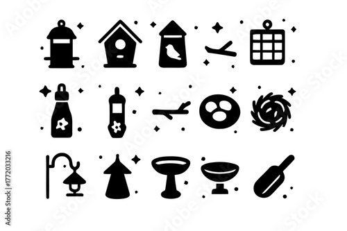 Bird Feeders Icons. Bird feeders and nesting. Solid icons set of bird feeders and nesting: hanging feeder, birdhouse, seed bag, suet cake, nectar bottle, perch