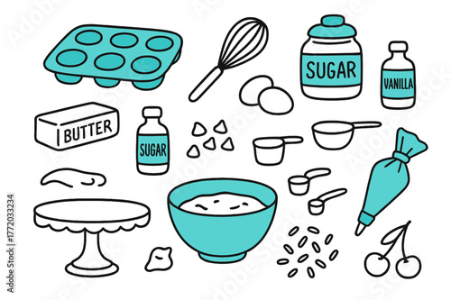 Dessert Baking Doodles. // Dessert baking. Hand-drawn doodle illustration Dessert baking [cupcake tray (accented), whisk, sugar jar (accented), butter stick,