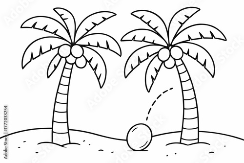 Coconut Palm Coloring Page. Coconut palms children?s coloring book illustration, outlined drawing, tall palm trees with coconuts hanging and one falling gently