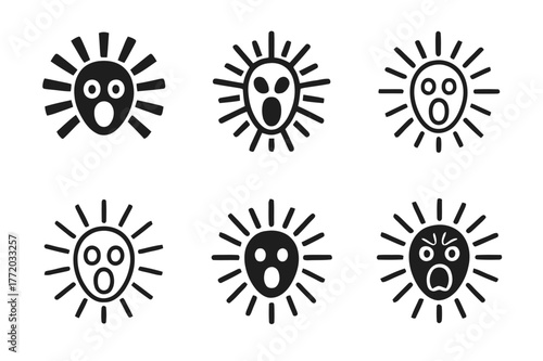 Jump Scare Logo Variations. Jump scare. Set Logo of Jump scare: burst lines behind face. harmonious logo variations of the same emblematic concept, each with