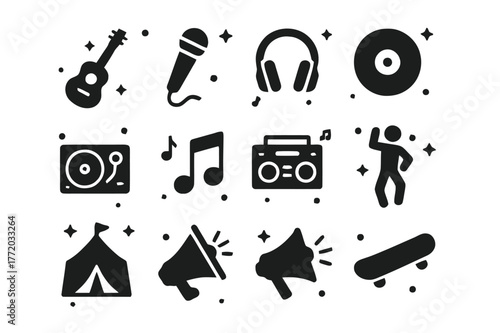 Youth Music Icons. Youth Music Scene. Solid icons set of Youth Music Scene: guitar, microphone, headphones, vinyl record, DJ turntable, speaker, music notes,
