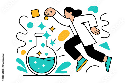 Dynamic Catalyst Scene. Catalyst. Person dropping a catalyst into a solution with floating abstract geometric shapes and glowing accents, experimental and