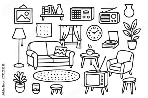 Retro Living Room Doodles. Retro living room. Hand-drawn doodle illustration Retro living room sofa, lamp, rug, record player, radio, bookshelf, plant,