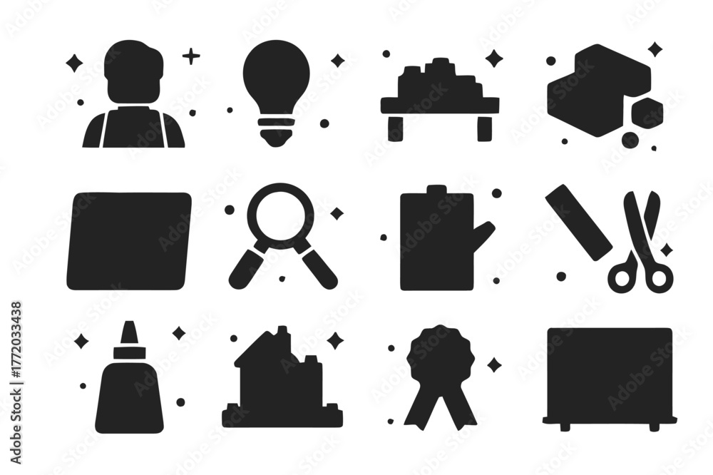 Obraz premium LEGO Workshop Icons. LEGO Creativity Workshop. Solid icons set of LEGO Creativity Workshop: instructor figure, lightbulb icon, build table, tray of bricks,
