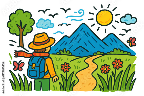 Colorful Mountain Adventure. mountain view. Colorful Hand-drawn doodle Children illustration mountain view person, tall grass, wind, distant mountain, clouds,