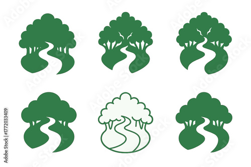 Amazon Rainforest Logos. Amazon rainforest. Set Logo of Amazon rainforest: winding river through canopy. harmonious logo variations of the same emblematic