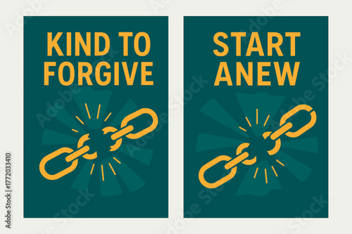 Kind to Forgive. Forgiveness. Two vertical A6 banners with safe margins, centered composition, no elements touching edges, modern, teal and marigold, broken
