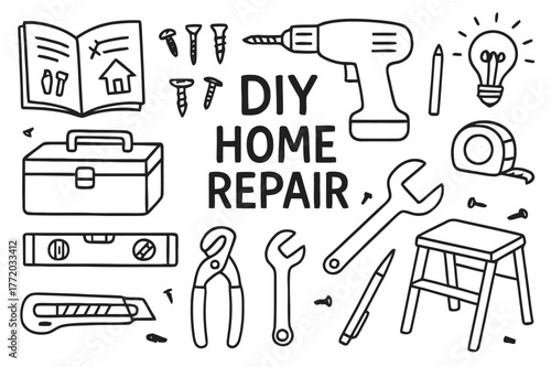 DIY Tool Doodle. DIY home repair. Hand-drawn doodle illustration DIY home repair toolbox, drill, screws, anchors, level, measuring tape, pencil, utility knife,