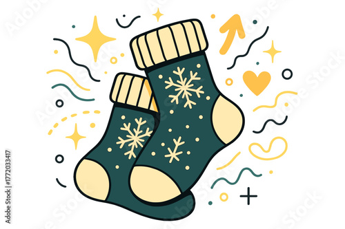 Winter Socks Wonderland. Socks. Winter socks with snowflakes and abstract floating sparkles, lines, and icons; conveys warmth, seasonal fashion, and lifestyle.