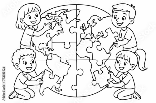 World Map Puzzle Fun. World map puzzle children?s coloring book illustration, outlined drawing, continents shaped as puzzle pieces being placed together by