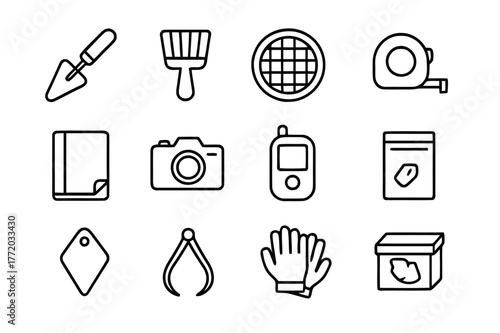 Archaeology Tool Icons. Archaeology tools for relics. Line icon set of archaeology tools: trowel, brush, sieve, measuring tape, field notebook, camera, gps