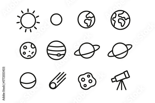 Solar System Icons. Solar system view. Line icon set of solar system view: sun, mercury, venus, earth, mars, jupiter, saturn, uranus, neptune, comet, asteroid,