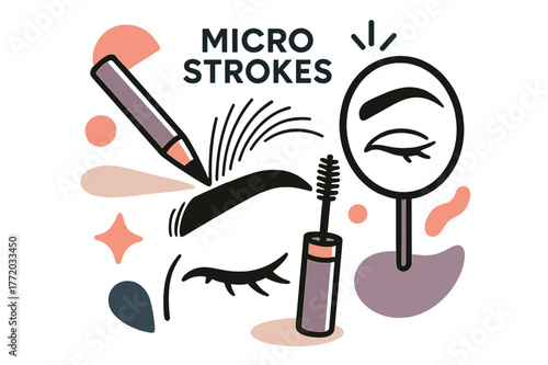 Micro Stroke Magic. Eyebrow pencil and gel ? Hair-like micro strokes. Close-up angle as tiny lines bloom naturally; a mirror icon reflects the arch. ?MICRO