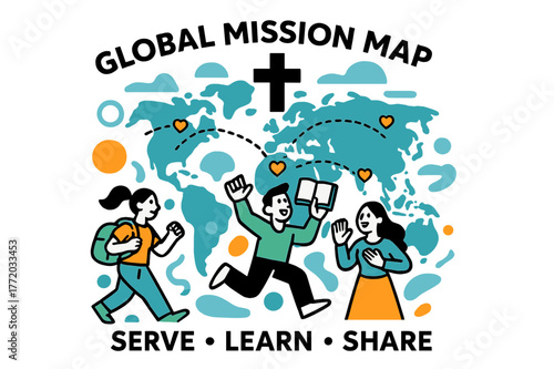 Global Mission Map. Global Mission Map. A gentle cross icon sits above a world map with dotted flight paths; small hearts mark partner communities. Text reads