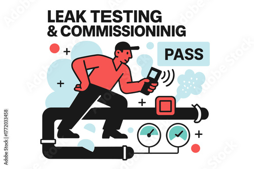 Leak Testing Success. Leak Testing & Commissioning. A tech waves a handheld meter; dotted puffs reveal a tiny leak that gets sealed with a tidy patch. Floating
