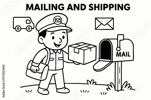 Mail Carrier Coloring Fun. Mailing and Shipping children?s coloring book illustration, outlined drawing, a friendly mail carrier delivering a taped parcel to a