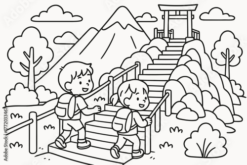 Mountain Shrine Adventure. Mountain shrine hike children?s coloring book illustration, outlined drawing, kids climbing gentle steps with railings toward a tiny