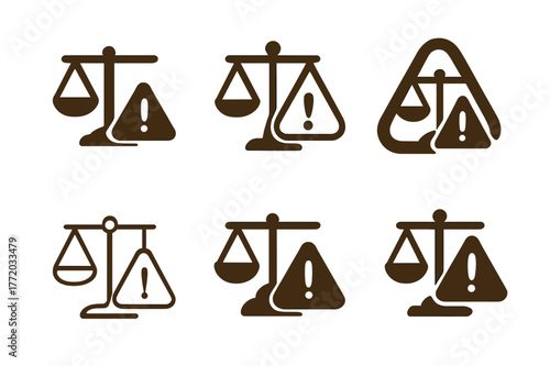 Legal Risk Logos. Legal liability risk. Set Logo of Legal liability risk: scales tipping with exclamation. harmonious logo variations of the same emblematic