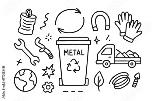 Metal Recycling Doodles. Recycling metal. Hand-drawn doodle illustration recycling metal recycling bin, can, scrap metal, wrench, gear, arrows, magnet, truck,