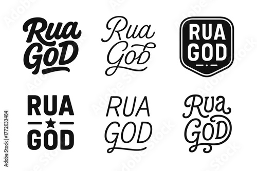 Diverse Lettering Styles. Rua God. Set lettering. harmonious lettering variations of the same emblematic concept, each with different artistic interpretation