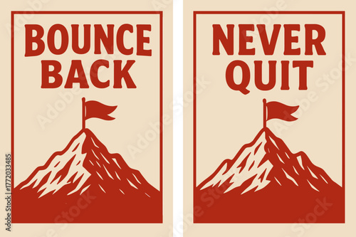 Retro Victory Posters. Resilience. Two vertical A6 banners with safe margins, centered composition, no elements touching edges, retro, red and beige, mountain