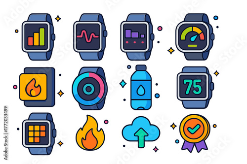 Wearable Data Icons. Wearable data dashboards. Colorful isometric vector icons set of Wearable data dashboards: fitness trends graph, heart rate timeline,