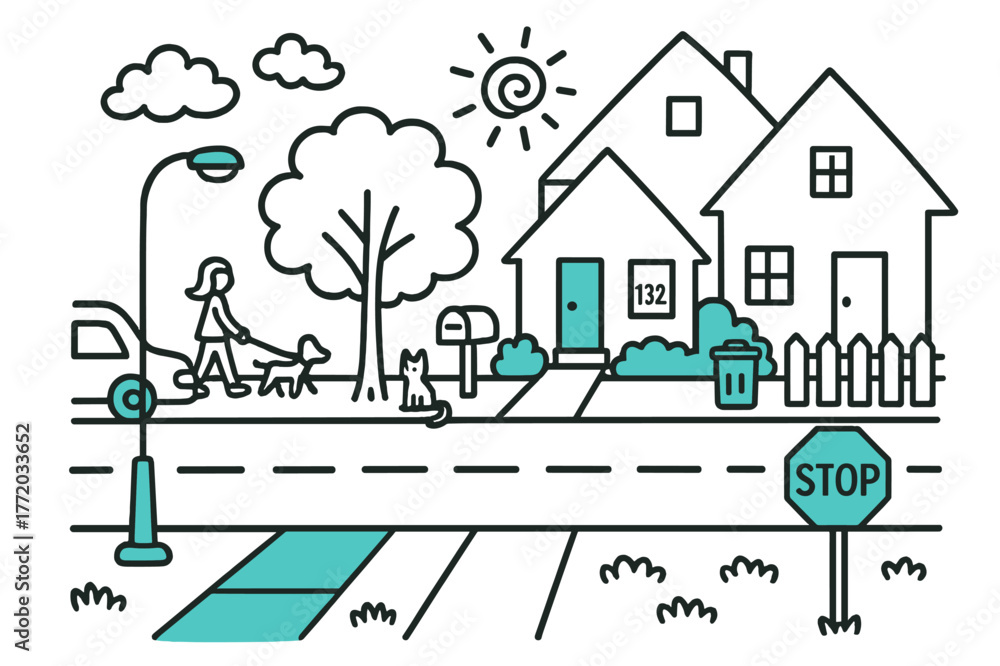 Naklejka premium Cartoon Street Scene. // Street view. Hand-drawn doodle illustration Street view [sidewalk (accented), road, streetlight (accented), parked car, mailbox, front